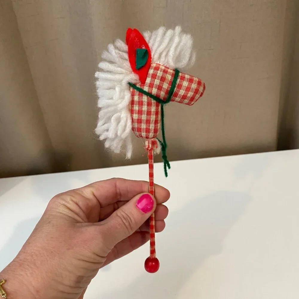 Vintage Hobby Horse Christmas Ornament Red & White‎ Checkered 8”
